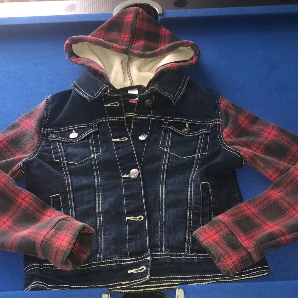 Girls Soft Checkered Hoodie and Sleeves Blue-Jean Jacket